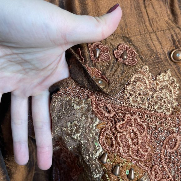 56% Silk Lace Beaded Jacket S Coldwater Creek Bronze Floral Metallic Button-up - Picture 14 of 16
